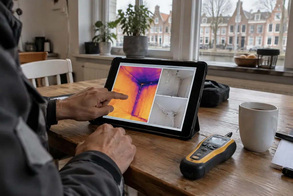 Lekdetectie Ridderkerk – lekdetectierapport met warmtebeelden en foto's op een tablet