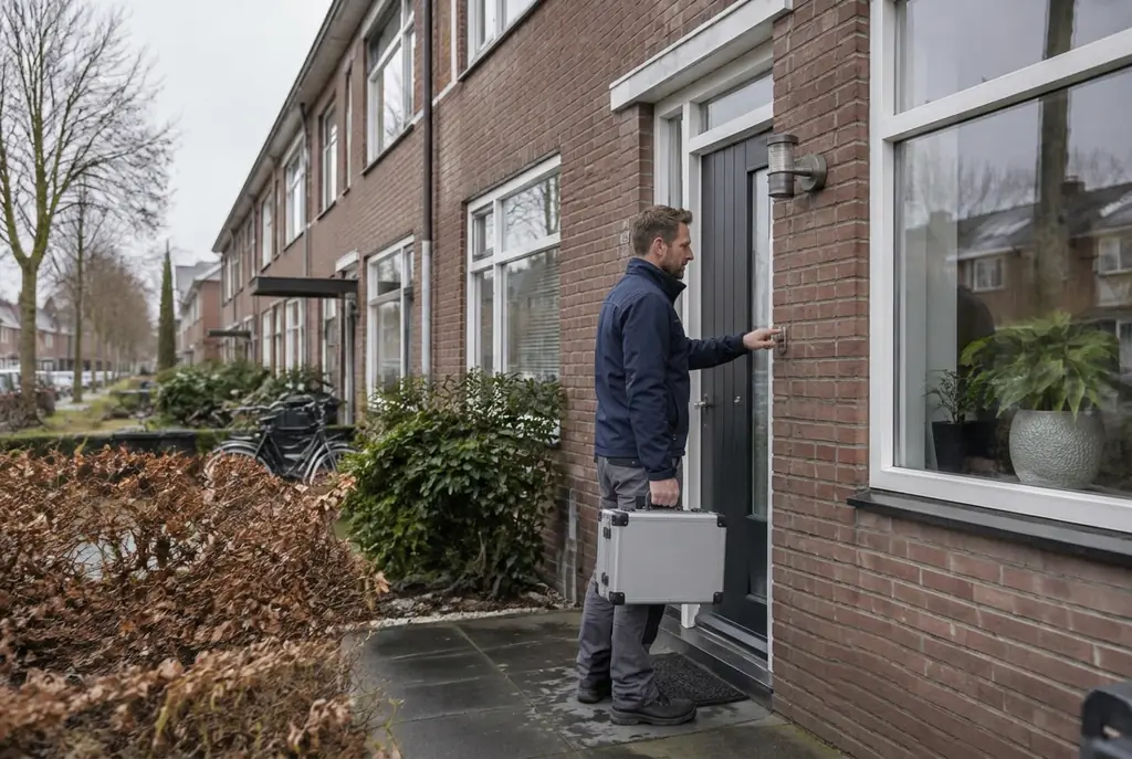 Lekdetectiespecialist met meetkoffer bij de voordeur van een woning in Ridderkerk
